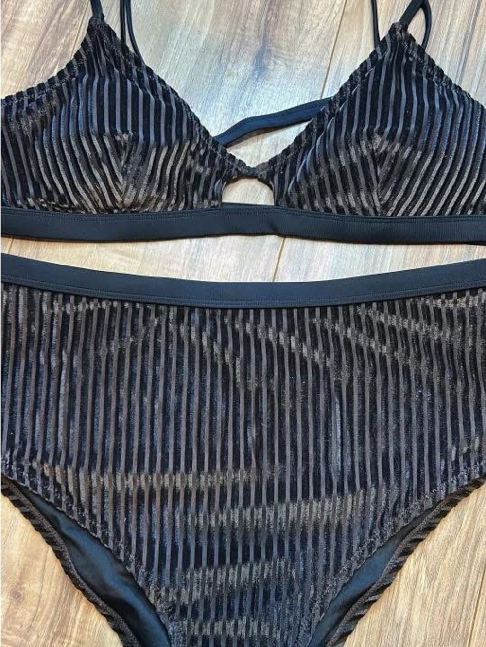 Amazon Essentials Black Velvet Stripe Bikini Set